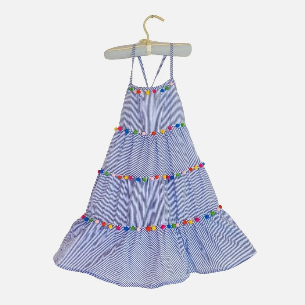 Tommy Bahama Girls Striped Smocked Pom Pom Tiered Sundress Sz 7/8